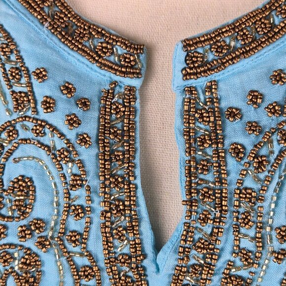 Chico's Size 2 (US Medium) Light Blue Tunic Gold Beaded 100% Linen 3/4 Sleeves - Picture 4 of 13